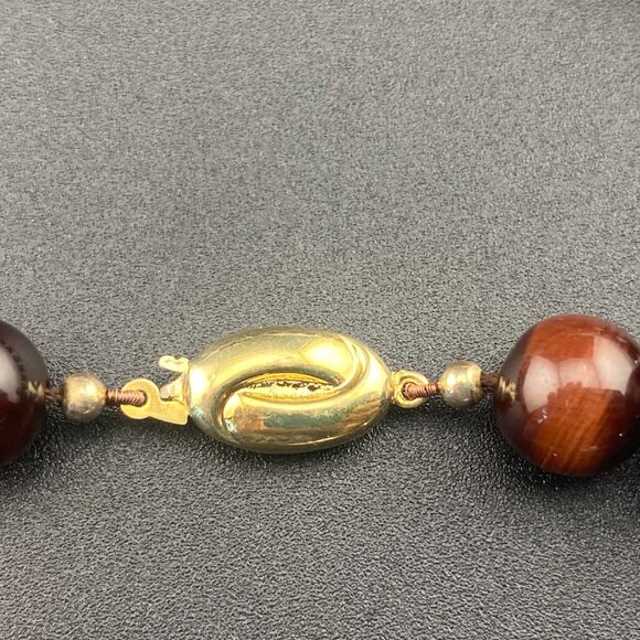 Vtg 9K Solid Gold Ball & 10mm Tigers Eye Beaded Necklace 18" - Lots of Gold - Picture 11 of 15